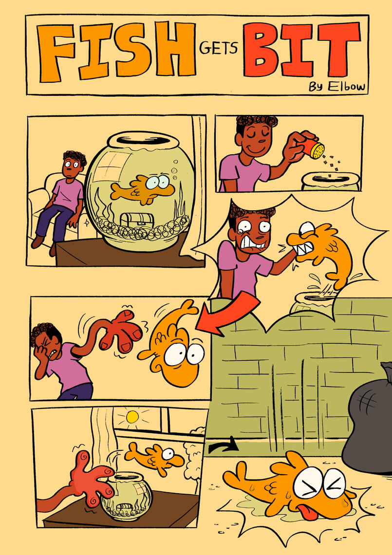 Fish Gets Bit - dialogue-less comic page 1 (2023)
